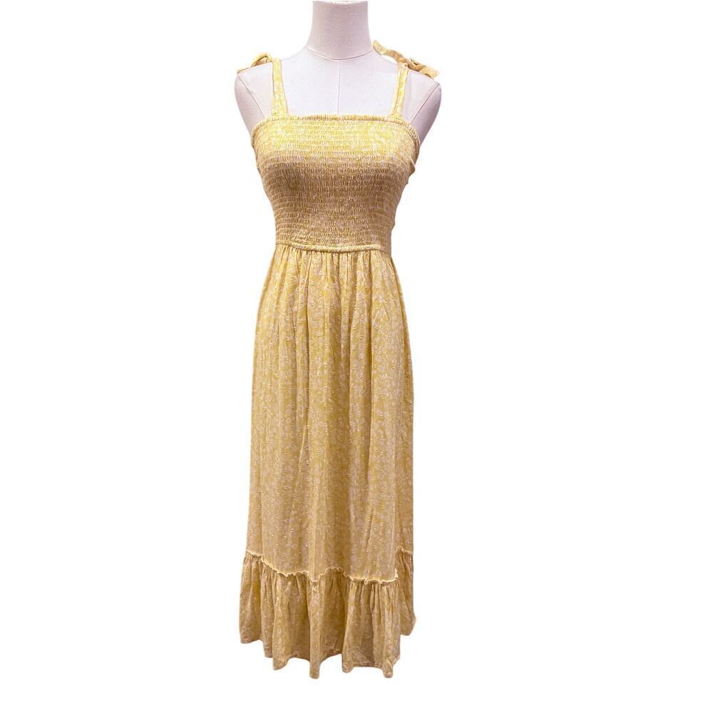 Japna Butter Yellow Floral Smocked Midi Dress Boho Sundress Cottagecore Small
